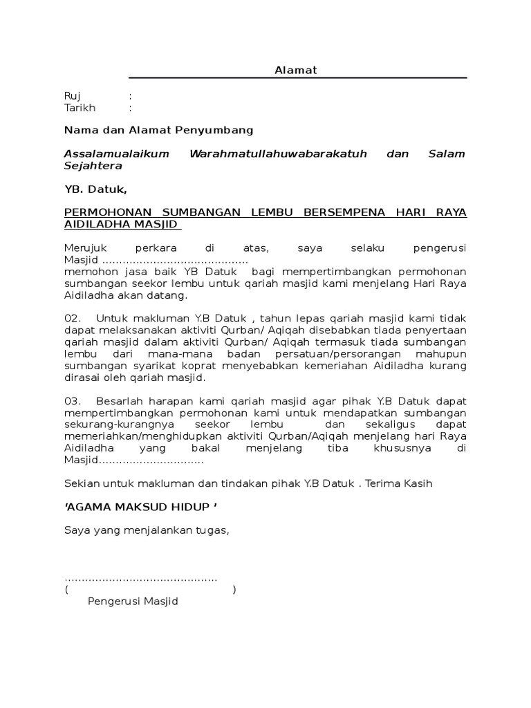 Contoh Surat Permohonan Sumbangan Lembu