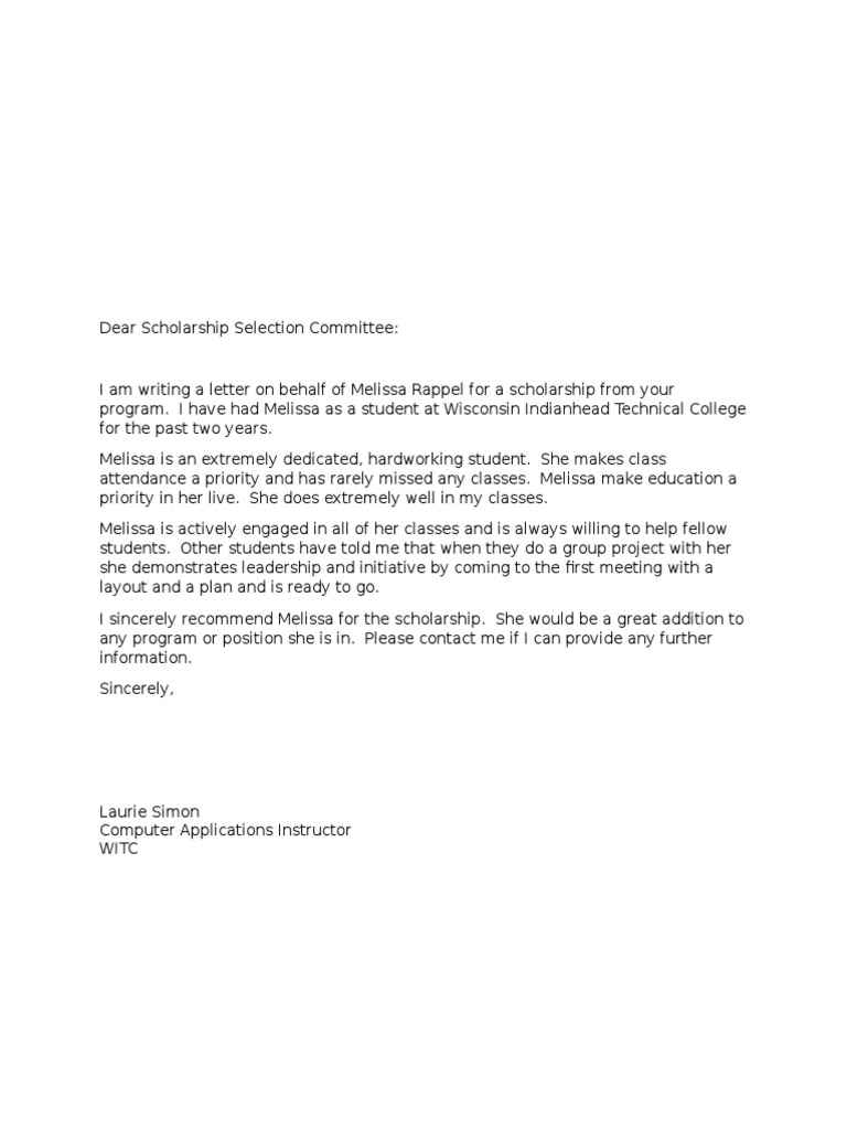 Laurie Simon Letter Recommendation Scholarship Selection Committee