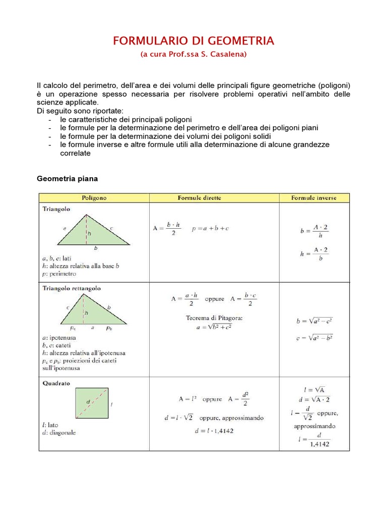 Schema Formule Geometria Piana E Solida