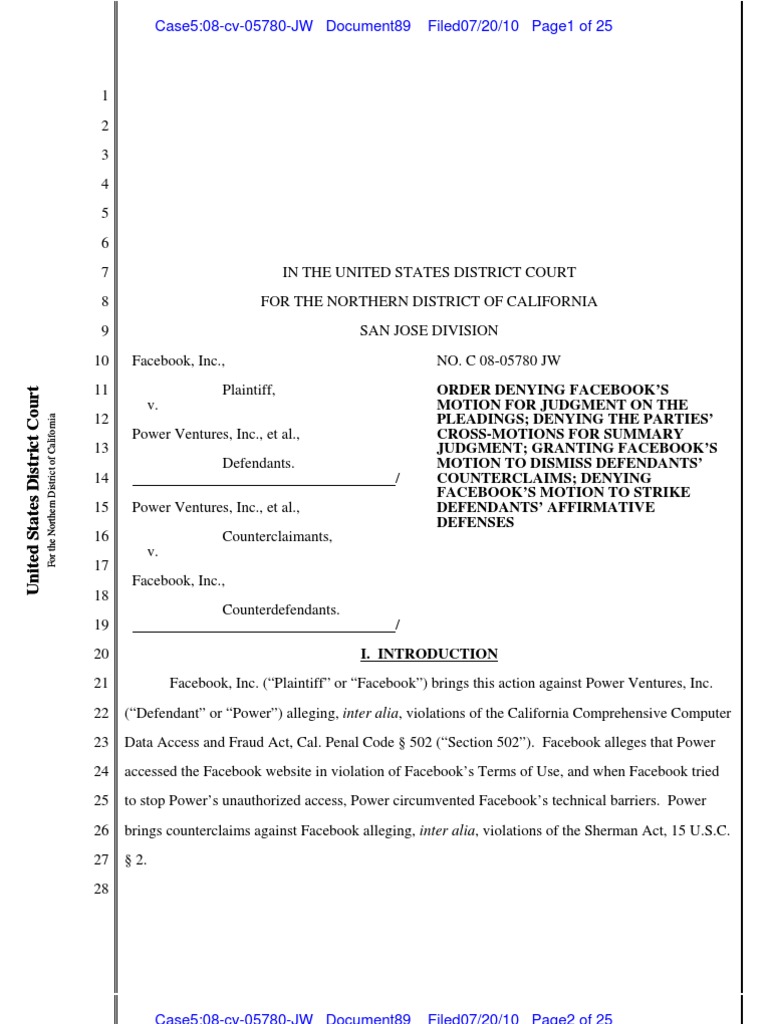 Facebook v. Power Ventures Order Denying Motion for Judgment on the Pleadings Summary