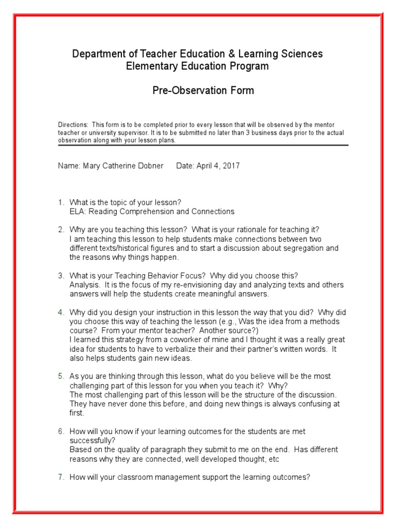 Pre-Observation Form for ELA Lesson | PDF