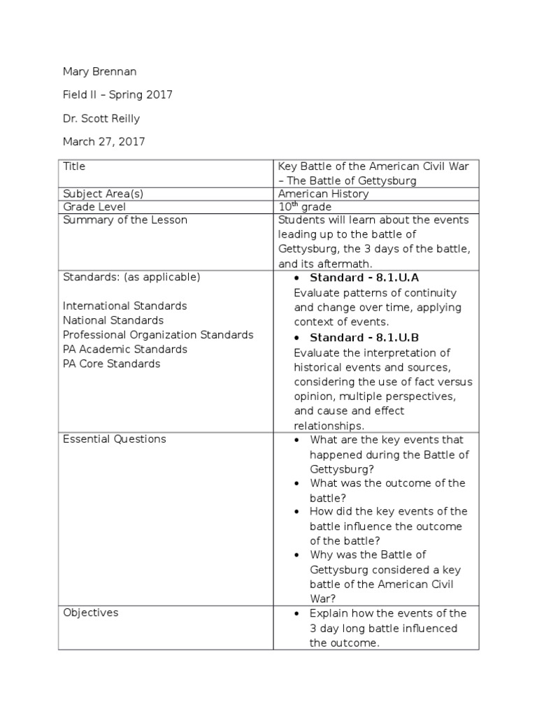battle of gettysburg lesson plan | Battle Of Gettysburg | Psychological