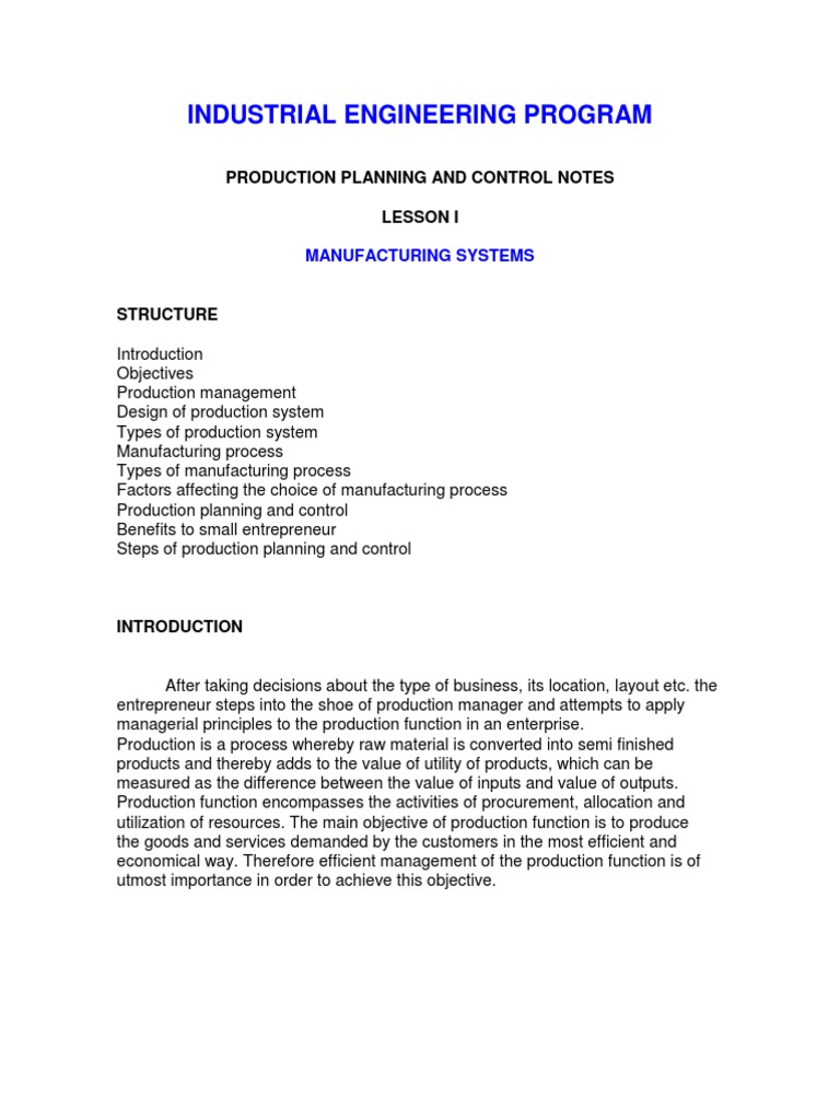 Production Planning and Control Notes Lesson 1 Manufacturing and