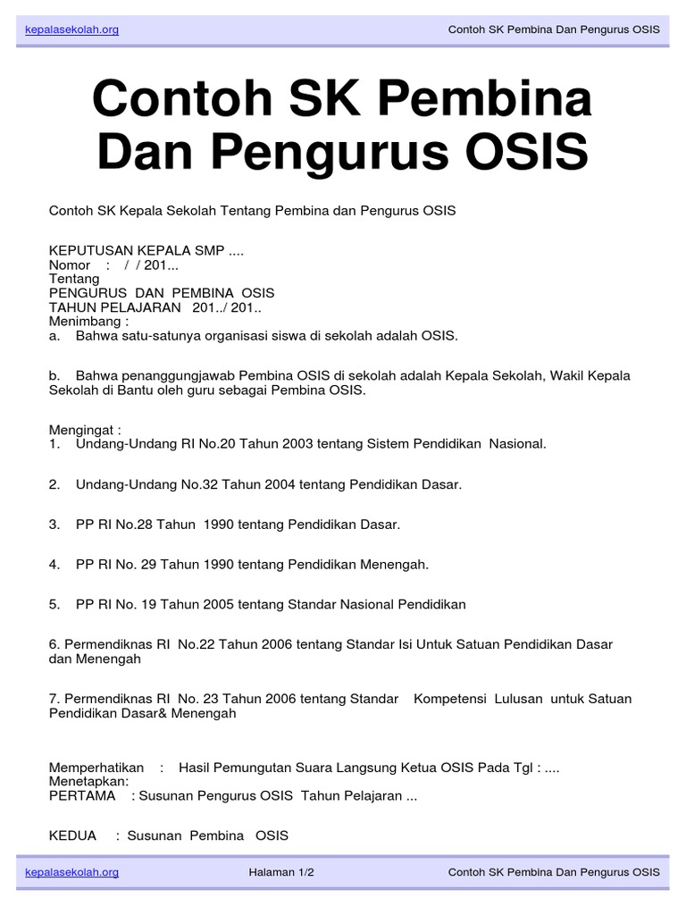 Contoh SK Pembina Dan Pengurus OSIS