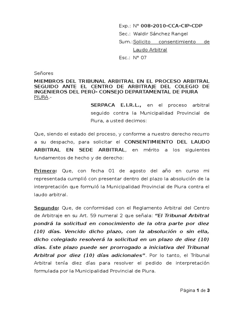 Escrito De Consentimiento De Laudo Arbitral Arbitraje Informacion Del Gobierno