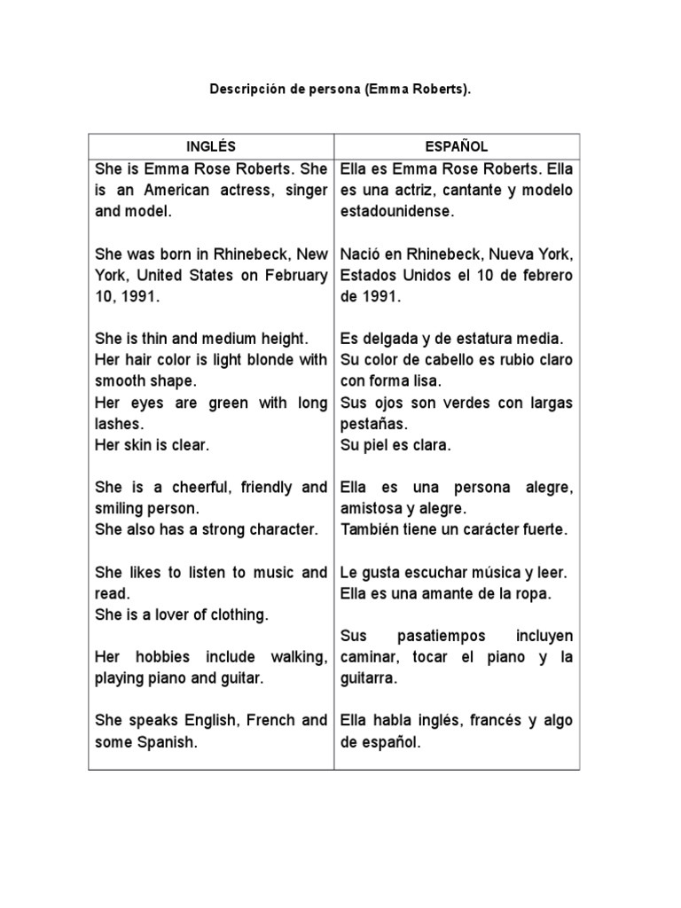 Descripción de Persona en Ingles