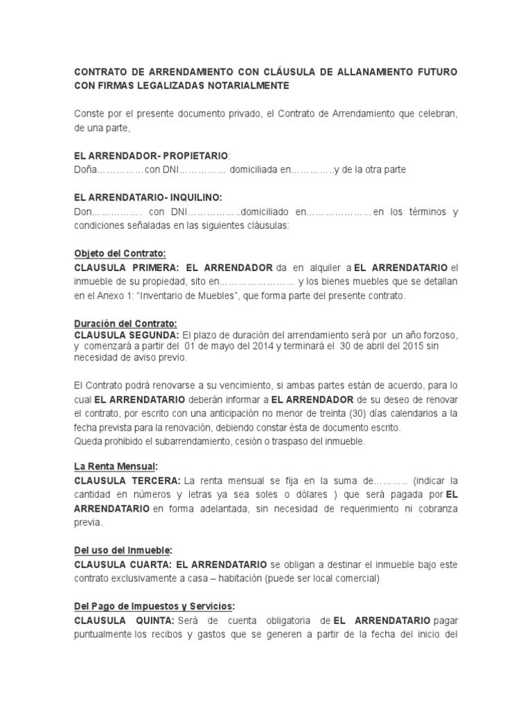 Formato Modelo De Contrato De Arrendamiento Con Clausula De