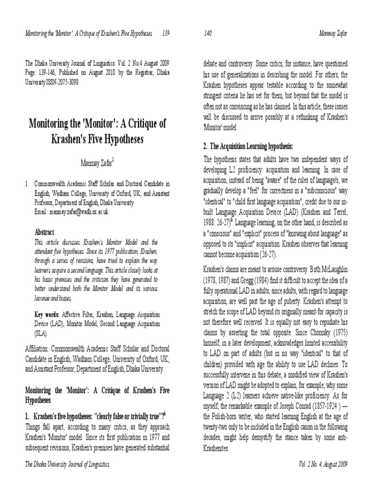 Monitoring The Monitor. A Critique To Krashen's Five Hypothesis PDF