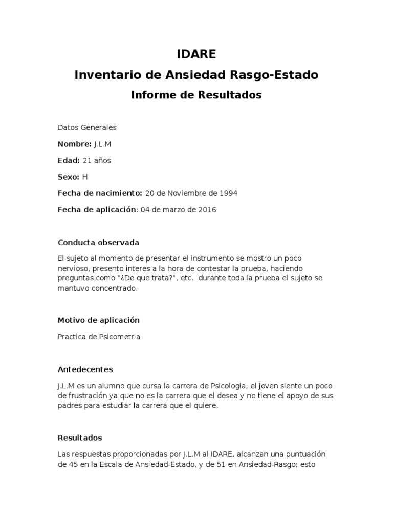 Resultados del Test IDARE en Adolescente | PDF | Crecimiento personal y ...