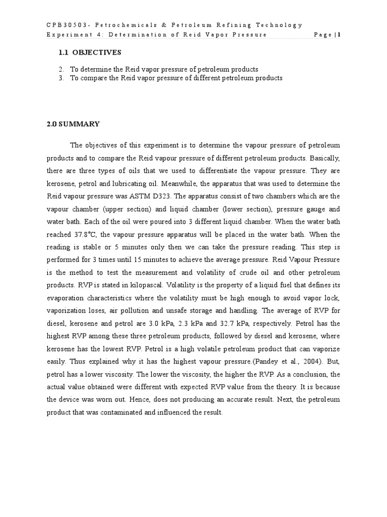 CPB30503 Petrochemicals & Petroleum Refining Technology Experiment 4 ...