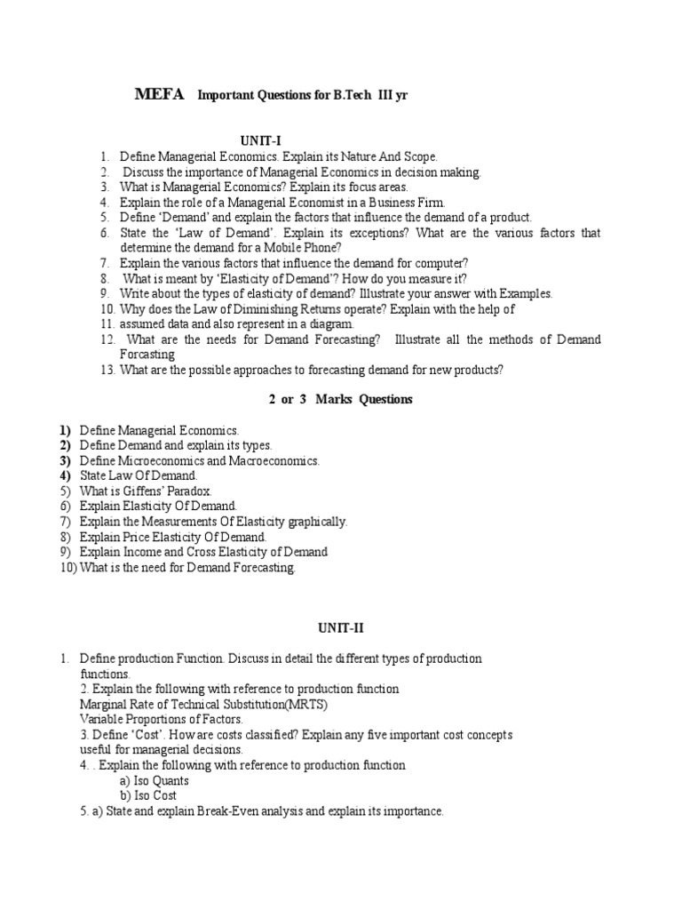 MEFA Important Questions for B.Tech | PDF | Capital Budgeting | Demand