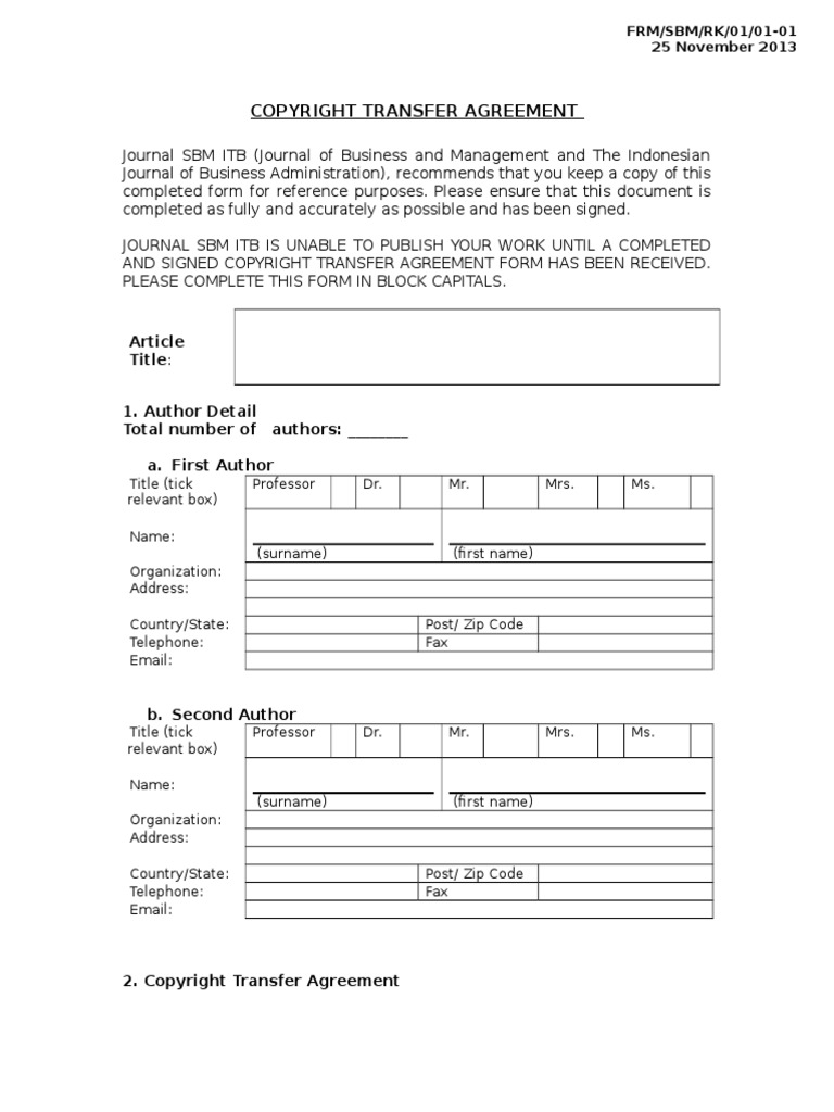 01 Copyright Transfer Aggrement Journal SBM ITB | PDF | Copyright ...