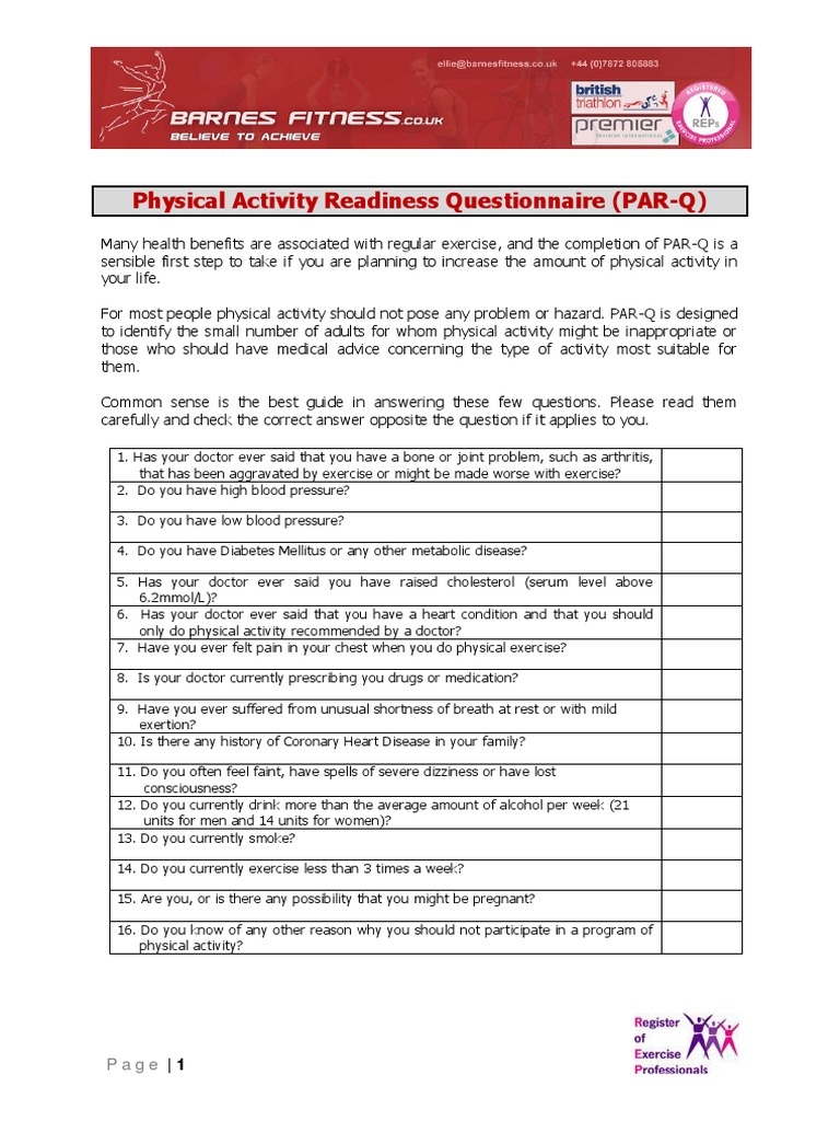 BF Physical Activity Readiness Questionnaire PDF Physical Exercise