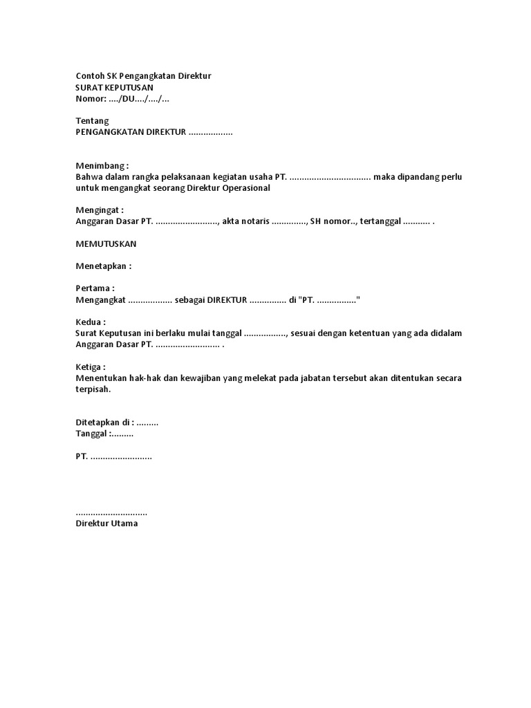 Contoh Sk Pengangkatan Direktur