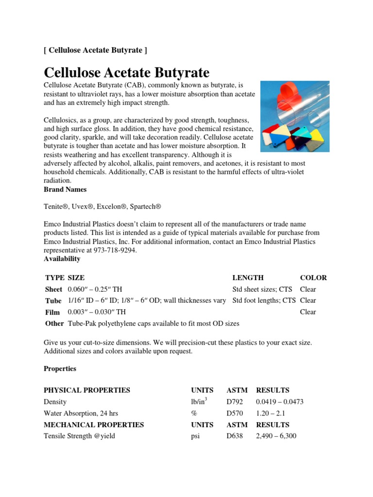 Cellulose Acetate Butyrate Plastic Ultraviolet