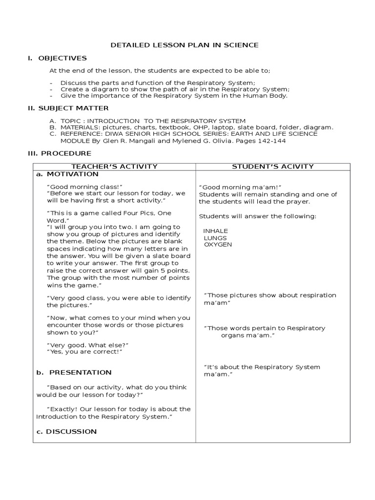 Detailed Lesson Plan In Science Respiratory Tract Respiratory System