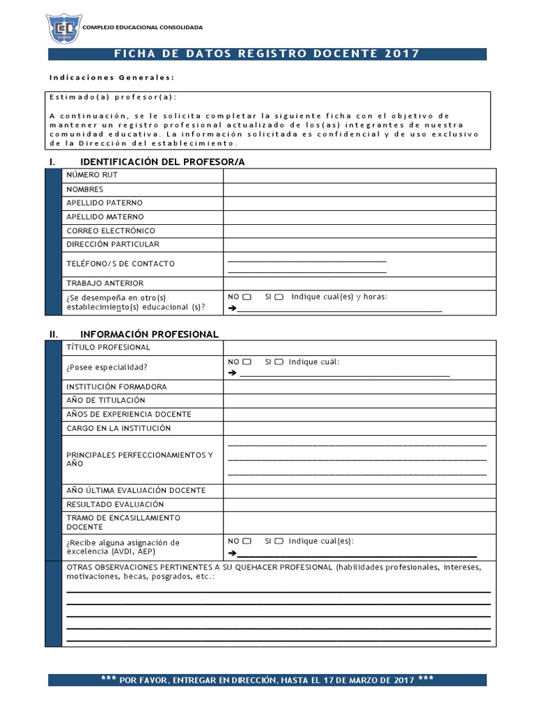 Ficha Registro Docente 2017 | PDF
