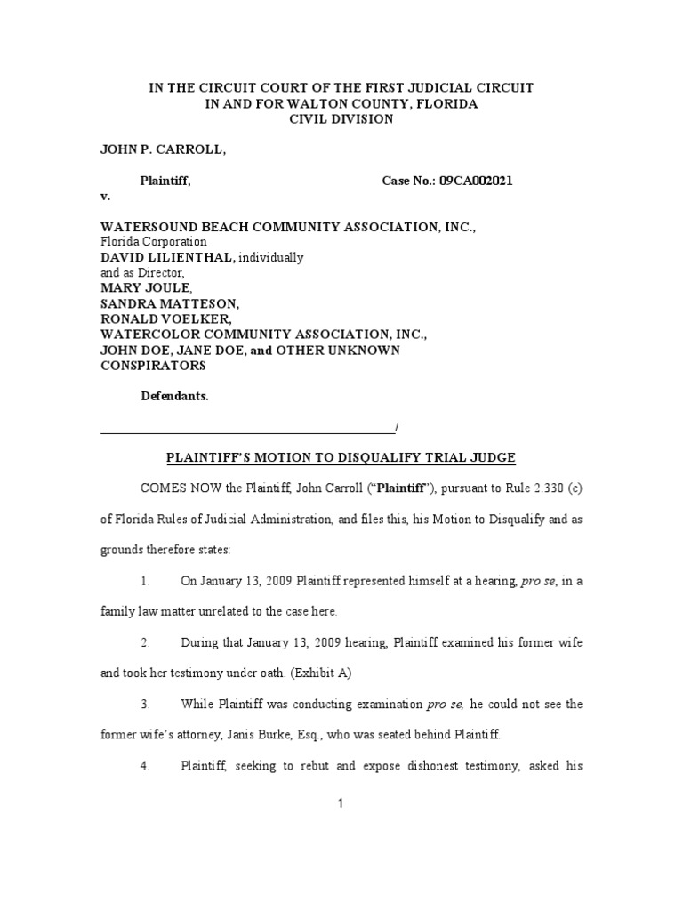 Motion for Judicial Disqualification 2.330 Pro Se Legal