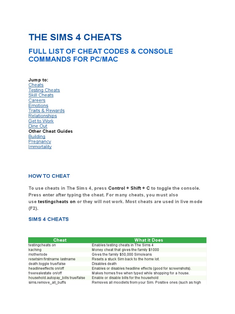 The Sims 4 Cheats, PDF, Moodle