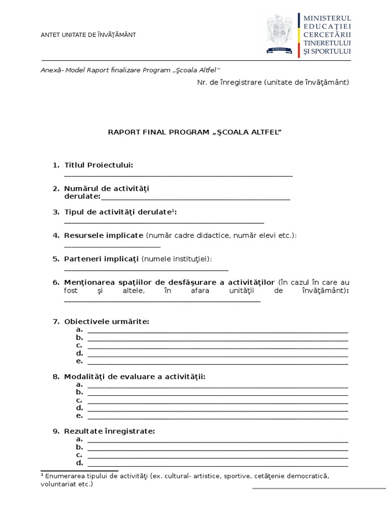 Anexa Model Raport Finalizare Scoala Altfel