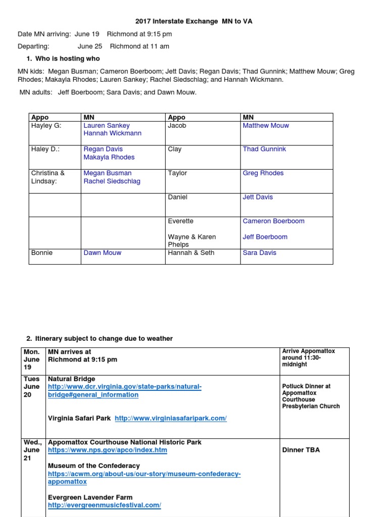 2017 Exhange Hosting and Proposed Schedule | PDF | Meal | Leisure