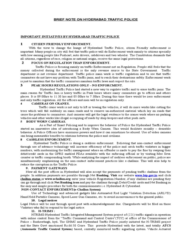 Hyderabad Traffic Police Initiatives Overview | PDF | Traffic | Transport