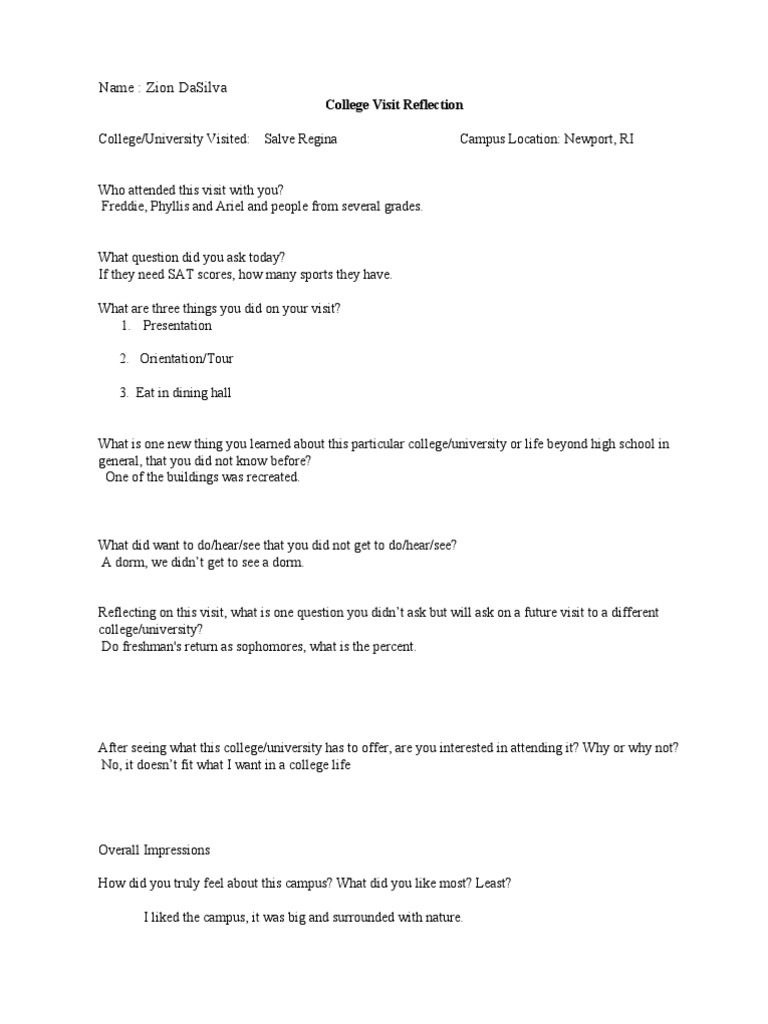 Name: Zion Dasilva: College Visit Reflection | PDF