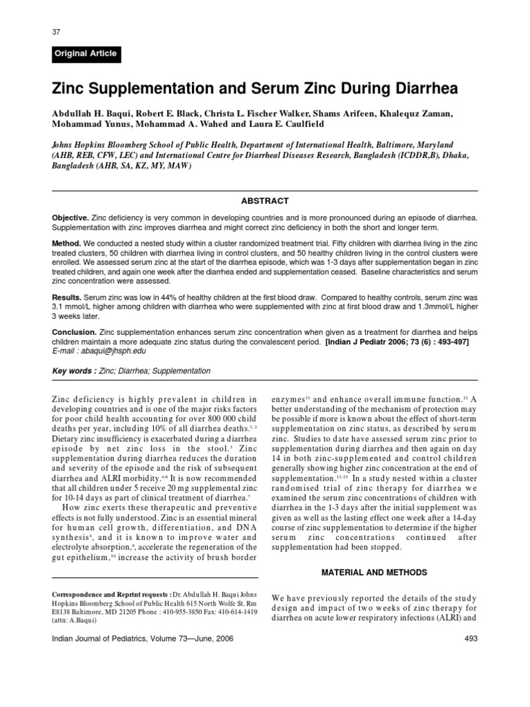 Zinc Supplementation in Childhood Diarrhoea PDF Diarrhea Dietary