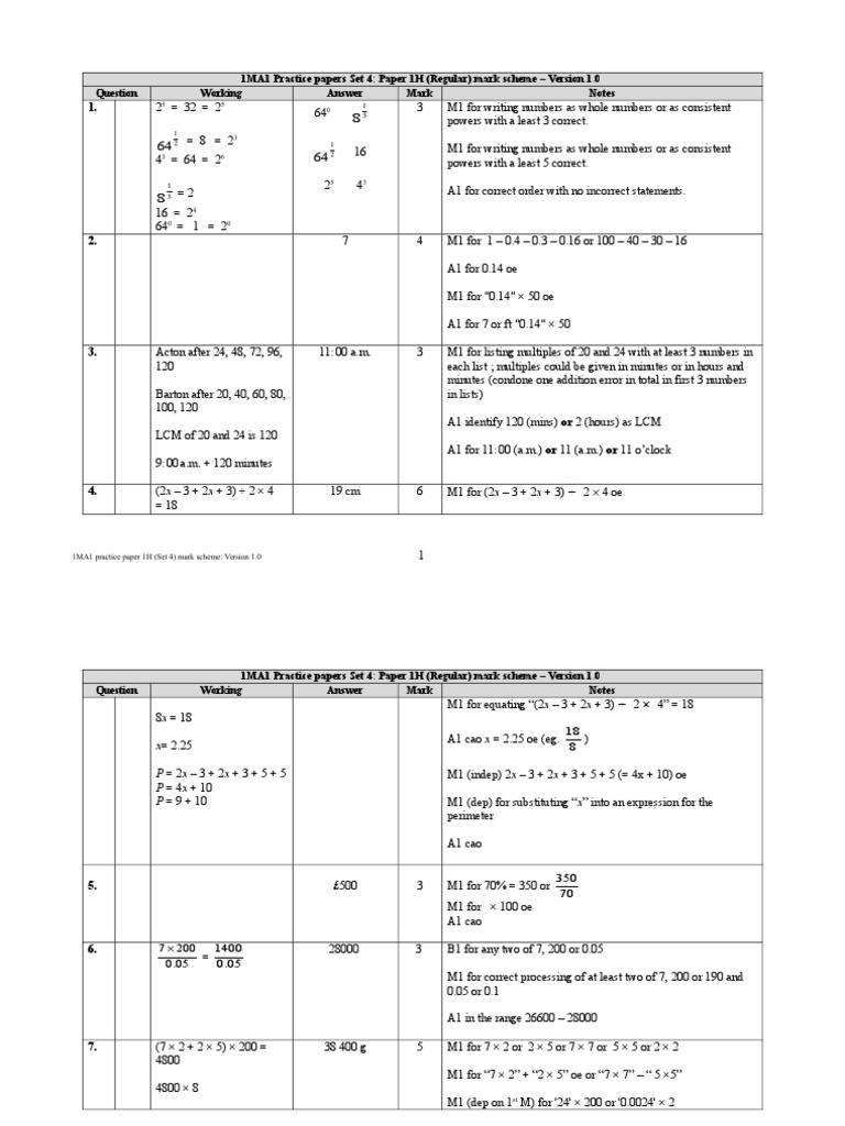 1MA1 Practice Paper 1H Mark Scheme | PDF | Mathematical Objects | Algebra