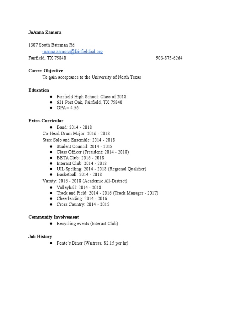 JoAnna Zamora's High School Resume | PDF