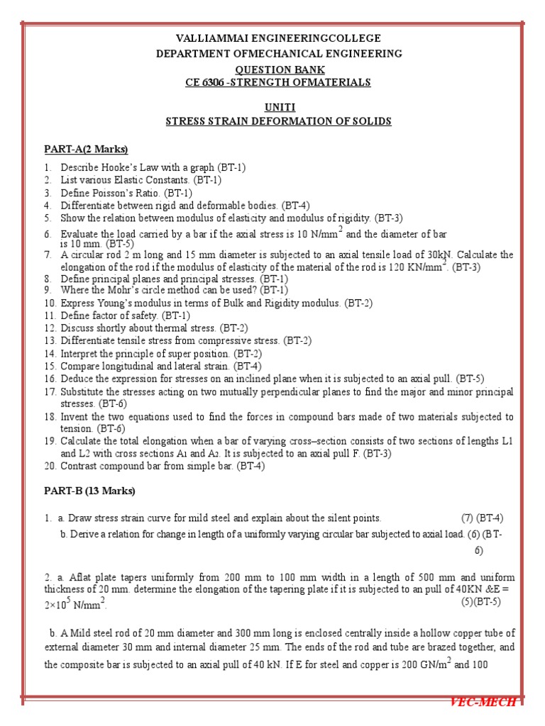 Strength of Materials Question Bank PDF Bending Stress (Mechanics)