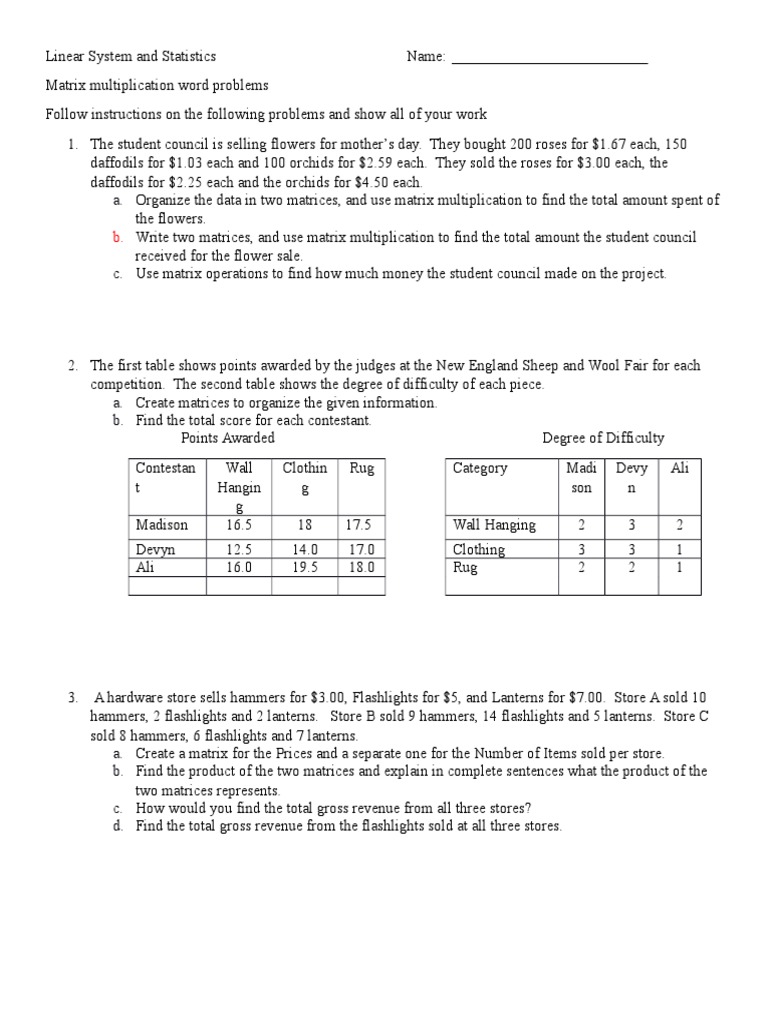 Matrix Multiplication Practice Worksheet For Matrices Word Problems Worksheet