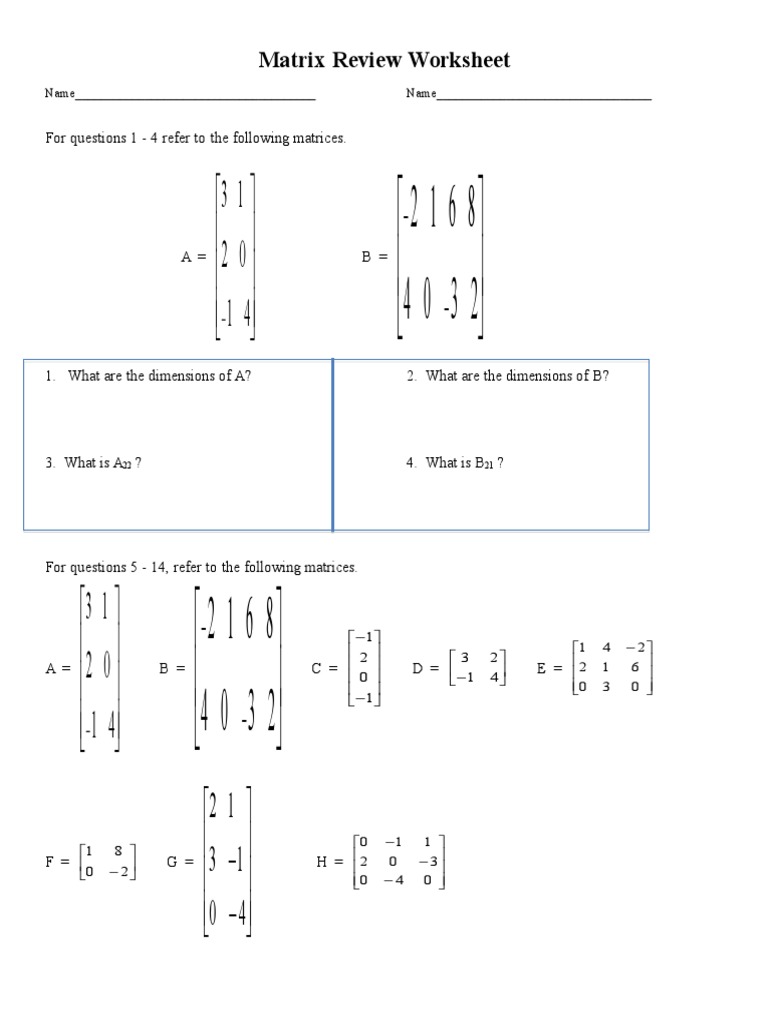 matrix review worksheet | Operator Theory | Matrix (Mathematics)