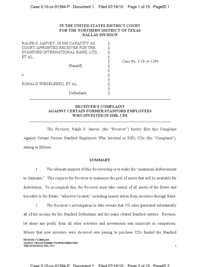 Complaint Against Stanfords Employees Advisers Investers Certificate