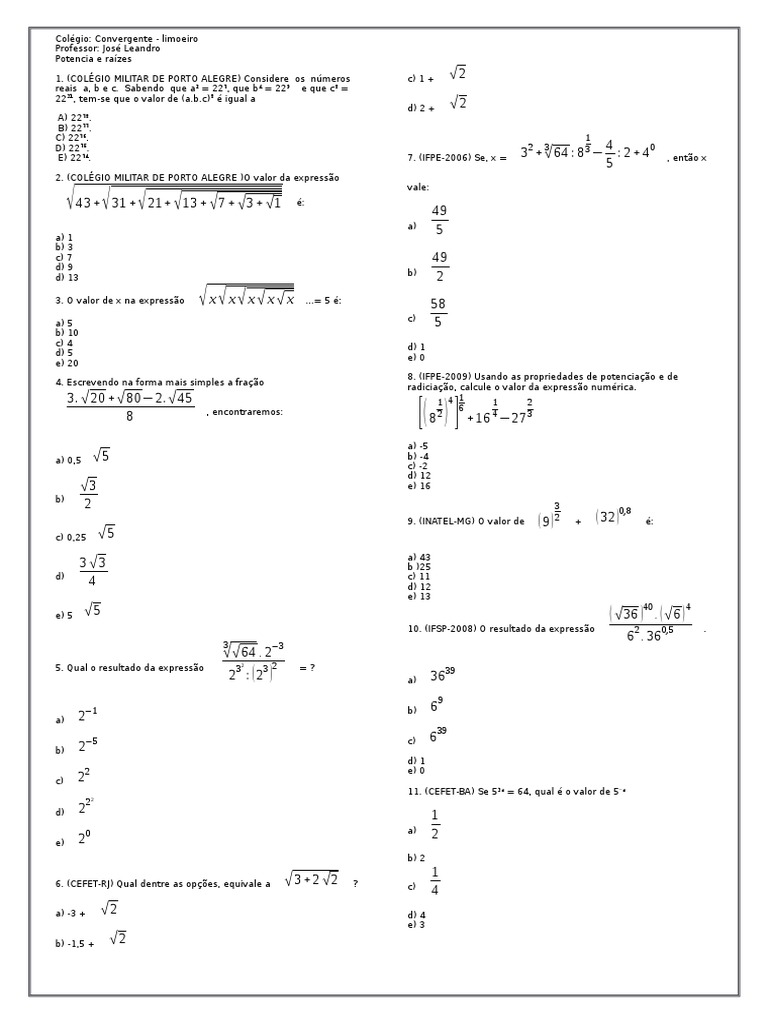 Concergente 9 Ano Potencia e Raizes | PDF | Números | Matemática elementar