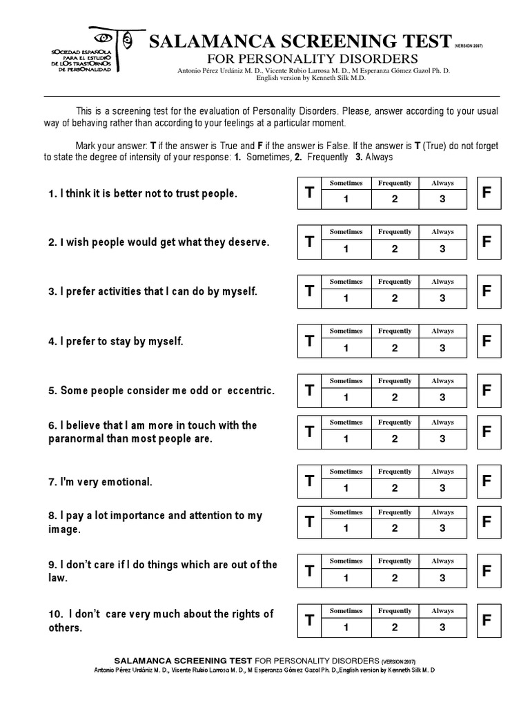 Salamanca Screening Test pdf Borderline Personality Disorder