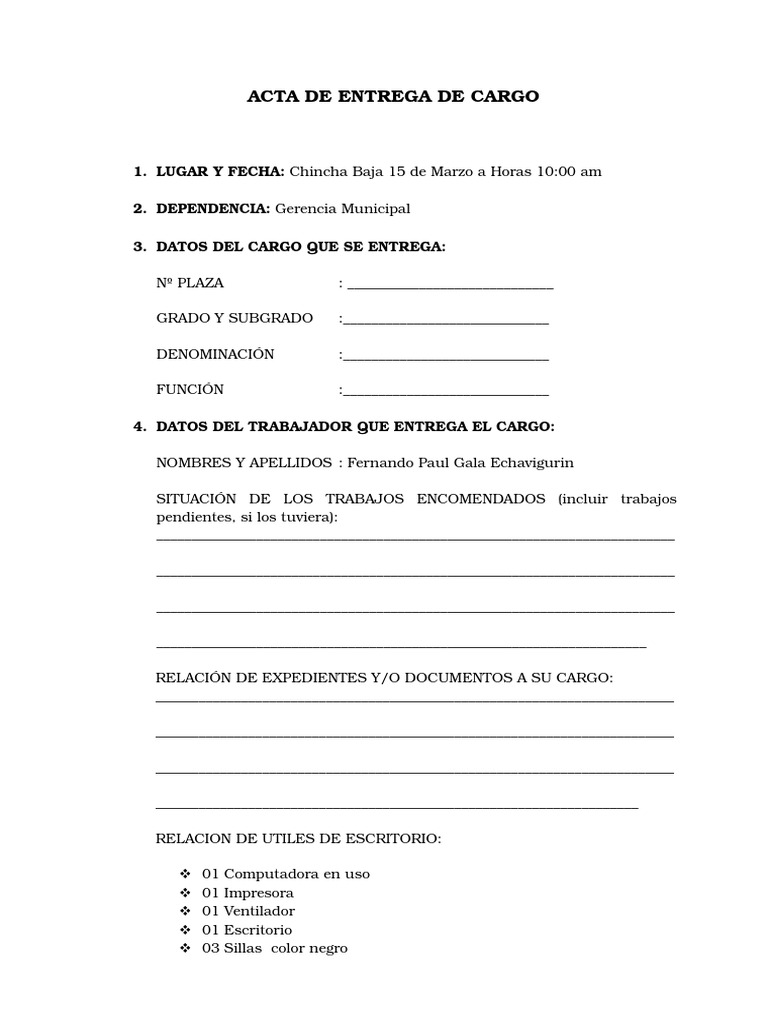 Acta de Entrega de Cargo Municipal | PDF | Finanzas y dinero | Negocios