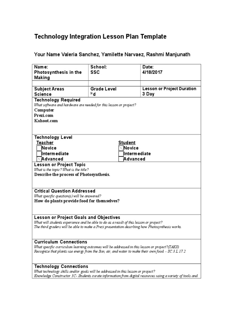 technology integration lesson plan template | Curriculum | Lesson Plan