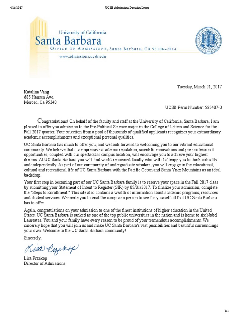 Ucsb Admissions Decision Letter
