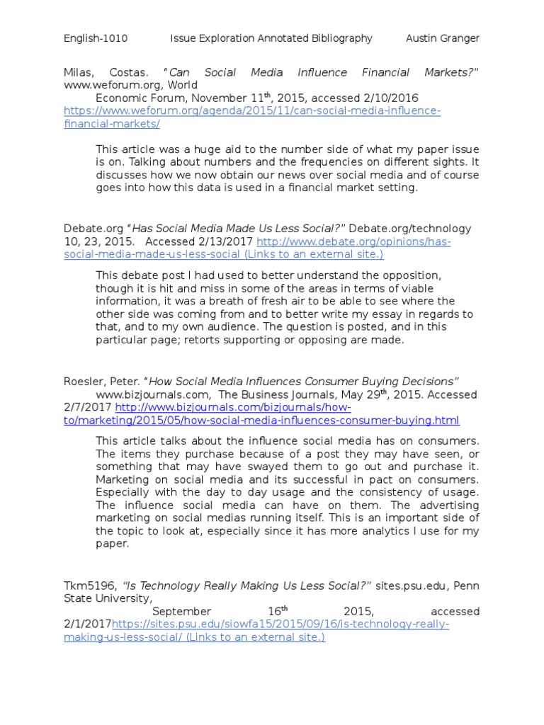 Annotated bibliography on effects of social media image