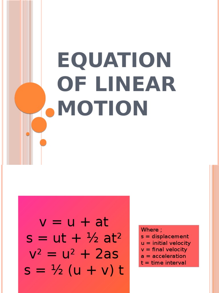 Equations of Linear Motion Calculating Displacement, Velocity, and