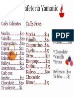 Cafeteria Yamanic menu with coffee, drinks and snacks prices