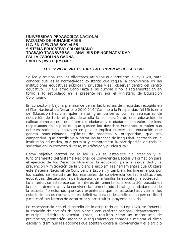 ANALISIS LEY 1620 DE 2013 SOBRE LA CONVIVENCIA ESCOLAR (Colombia) | PDF ...