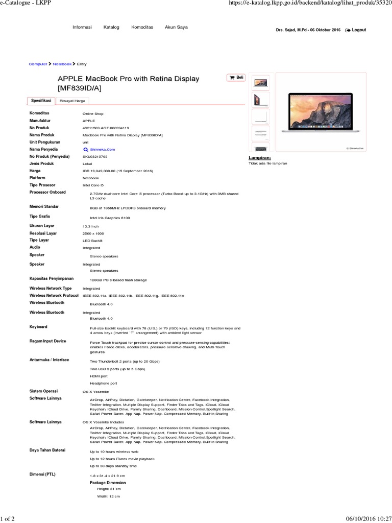 APPLE MacBook Pro With Retina Display-e-Catalogue - LKPP | PDF | I ...
