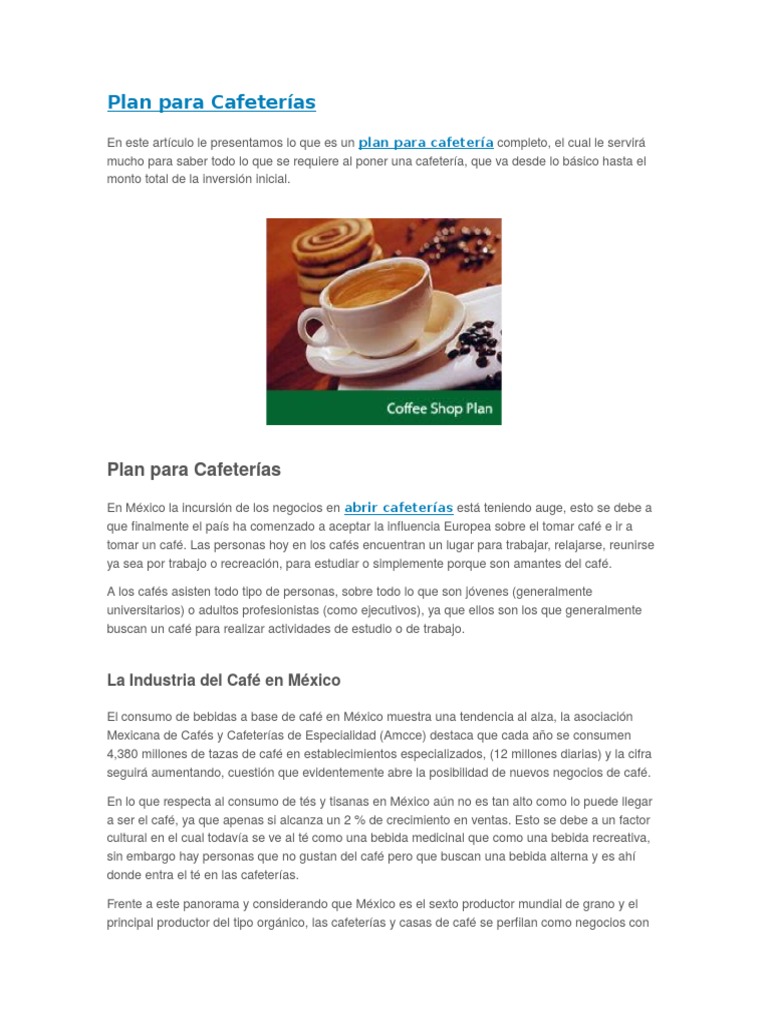 Plan de Negocios para Cafeterías | PDF | café | Cafetería