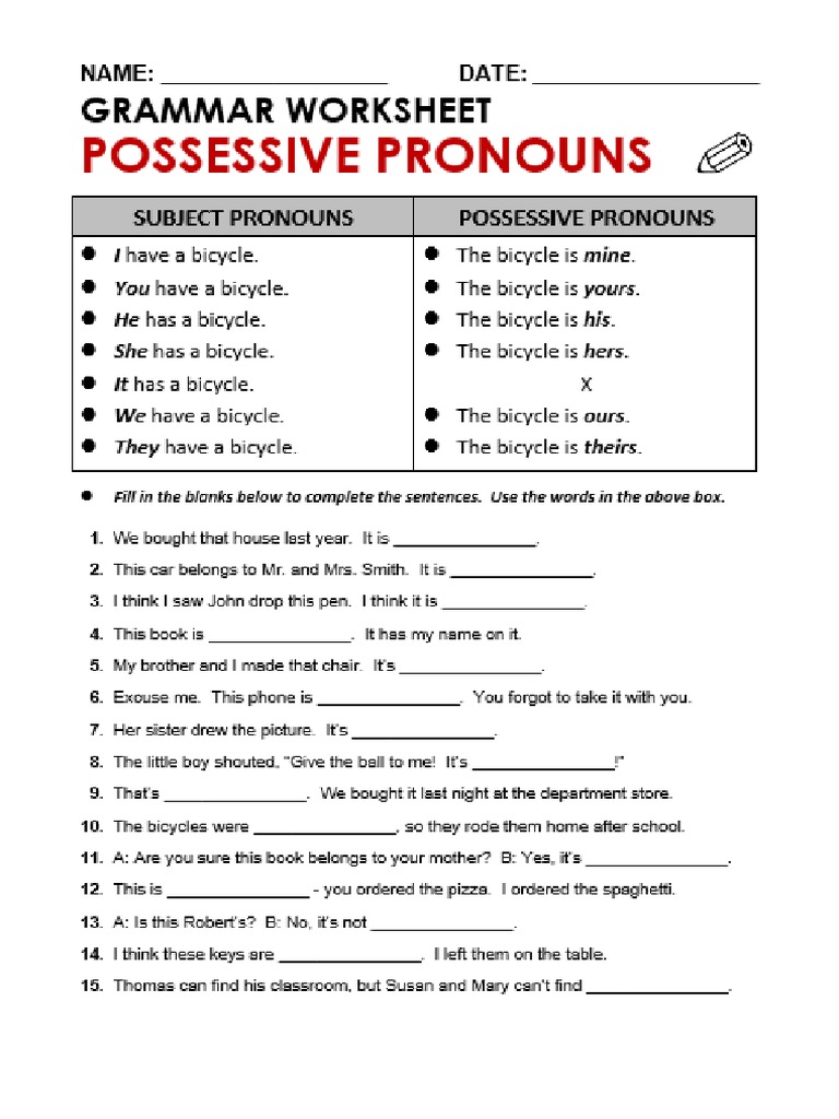 worksheet possessive pronouns pdf grammatical number