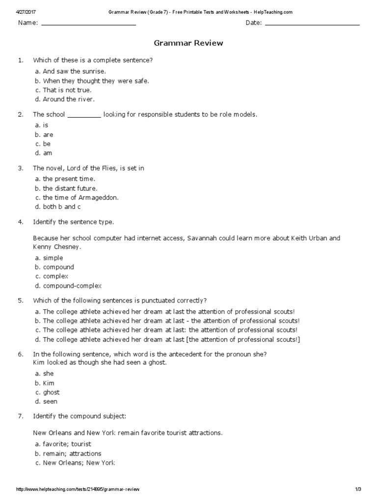 grammar review grade 7 free printable tests and