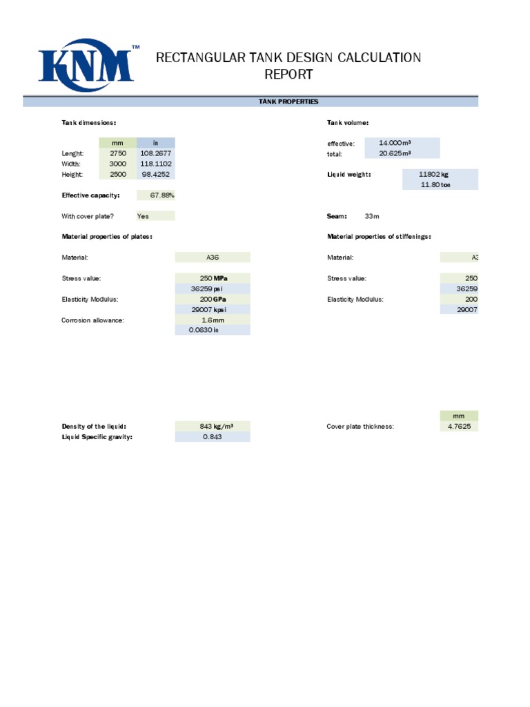 Rectangular Tank Design Calculation Tank Properties Tank Dimensions