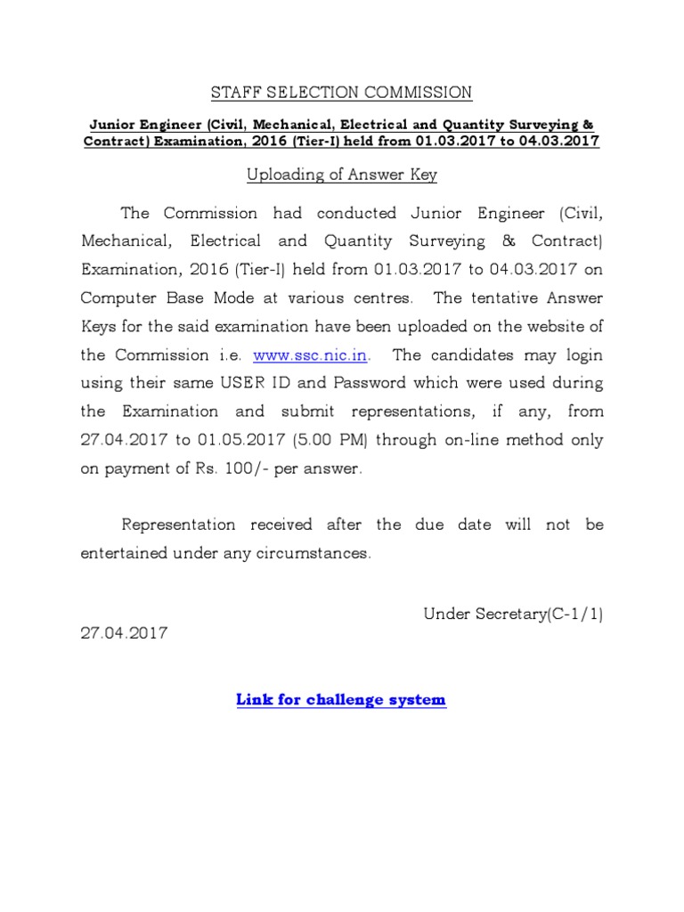 SSC JE Result - Answer Key & Response Sheet Available For Tier I | PDF