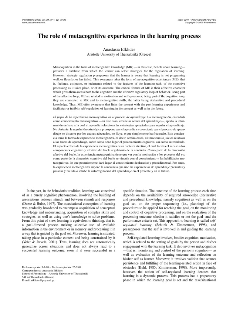 (P, 2009) Role of Metacognitive Experiences in Learning Process PDF ...